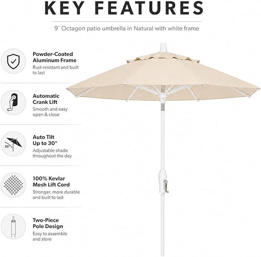 Treasure Garden 9ft Patio Umbrella - Outdoor Furniture Market Umbrella – Deluxe Auto-Tilt – White Aluminum Frame (Sunbrella, Natural)