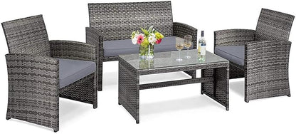 Tangkula 4 Pieces Patio Wicker Conversation Furniture Set, Patiojoy Sofa & Table Set w/4 Seats, Outdoor Rattan Sofa Set for Balcony Backyard, Wicker Chair Set with Tempered Glass Coffee Table