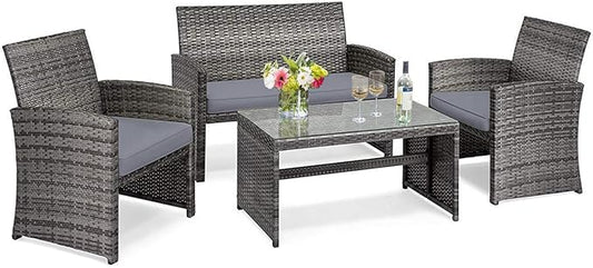 Tangkula 4 Pieces Patio Wicker Conversation Furniture Set, Patiojoy Sofa & Table Set w/4 Seats, Outdoor Rattan Sofa Set for Balcony Backyard, Wicker Chair Set with Tempered Glass Coffee Table