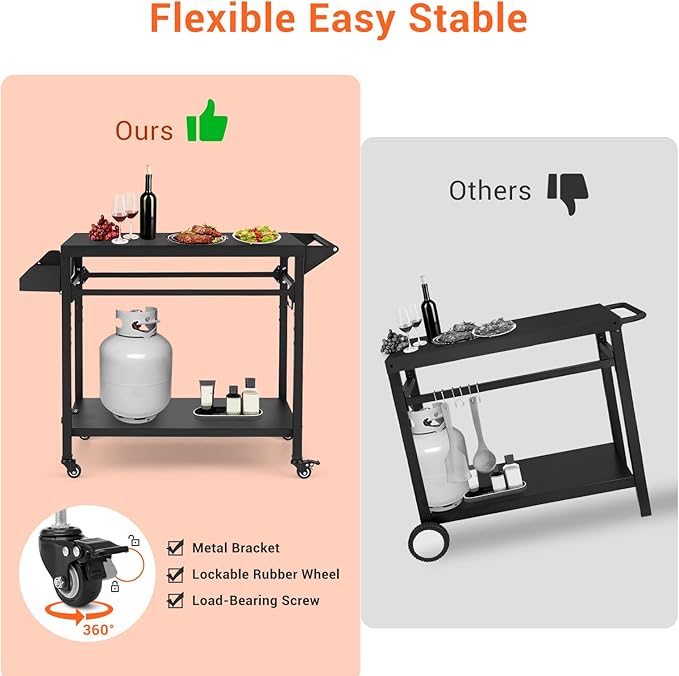 GarveeLife Outdoor Grill Cart, Pizza Oven Stand Table with Lockable Wheels for Outside Patio, Heavy Duty Movable Outdoor Cooking Prep Table BBQ Smoker Cart for Backyard, Camping and Parties, Black