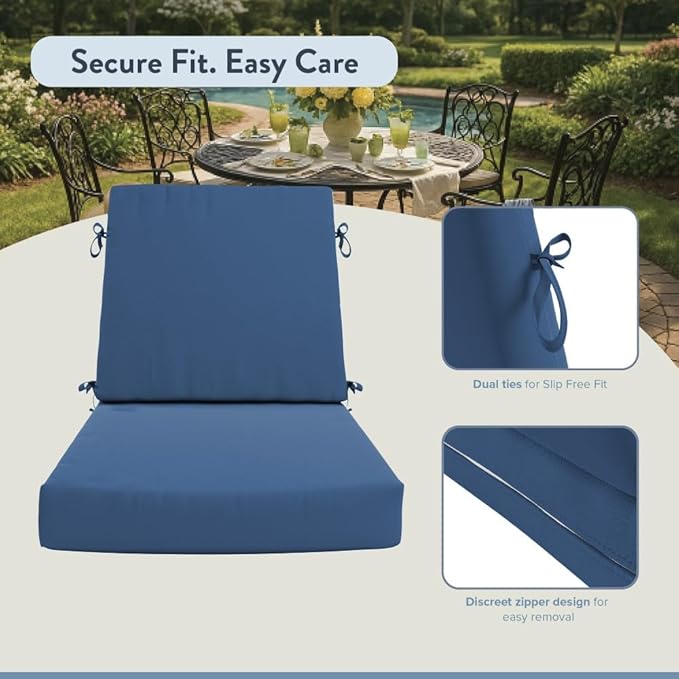 California Umbrella Outdoor Dining Chair, Set of 4 Patio Seat Cushions, 20 x 40 Inch, Premium Outdoor Memory Foam, Fade Resistant, Sunbrella Fabric, Fabric Ties, Regatta