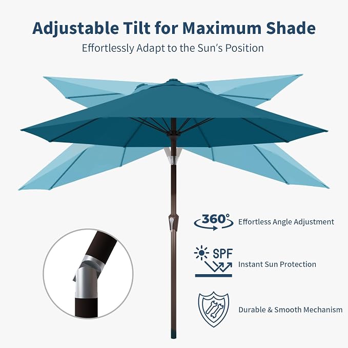 9FT Patio Umbrella Outdoor Table Umbrella w/Push Button Tilt and Crank, 8 Sturdy Ribs, UV Resistant Waterproof Market Umbrella for Pool, Deck, Backyard, Garden, Lake Blue