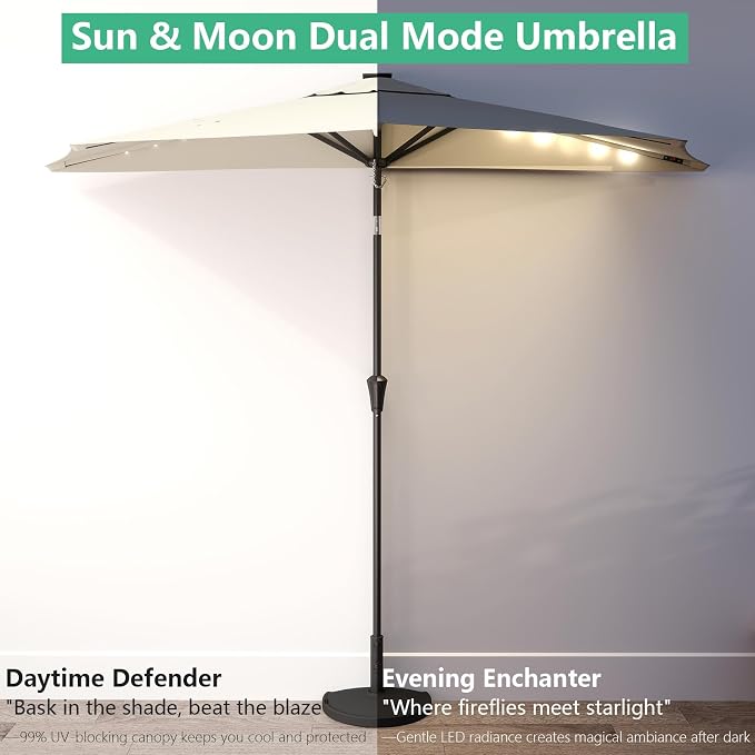 Helios&Hestia 9 ft Small Half Round Solar Powered Wall Outdoor Market Patio Umbrella with LED Lights and Tilt for Garden, Deck, Balcony