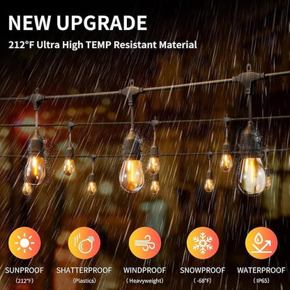 100FT LED Outdoor String Lights with 60+4 Waterproof Bulbs(1.5FT Bulbs Spacing), Remote & Dimmer, Commercial Grade Patio Lights with 3 Mode Light & Timing, 100PC Ties