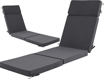 72 x 21 Inch Outdoor Chaise Lounge Cushions Set of 2 - Removable Cover, 4-Section Design, Water-Repellent & Fade-Resistant, 6 Tie Straps, Replacement for Patio & Pool Chairs - Dark Grey