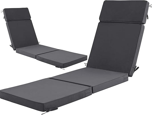 72 x 21 Inch Outdoor Chaise Lounge Cushions Set of 2 - Removable Cover, 4-Section Design, Water-Repellent & Fade-Resistant, 6 Tie Straps, Replacement for Patio & Pool Chairs - Dark Grey