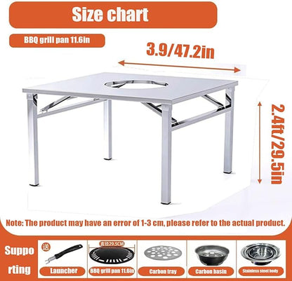 Embedded Stainless Steel Korean Charcoal BBQ Grill Foldable Outdoor Table, Outdoor Barbecue and hot Pot Easy Clean Multifunctional Design Patio Family Party & Restaurant,Square 3.9ft