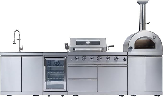 125-Inch 108000 BTU Double Stainless Steel Gas Outdoor Kitchen Bar, BBQ Island Grill with Pizza Oven, Wine Cooler, Compact Refrigerator, Rotisserie & Granite Countertops, Sliver