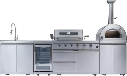 125-Inch 108000 BTU Double Stainless Steel Gas Outdoor Kitchen Bar, BBQ Island Grill with Pizza Oven, Wine Cooler, Compact Refrigerator, Rotisserie & Granite Countertops, Sliver