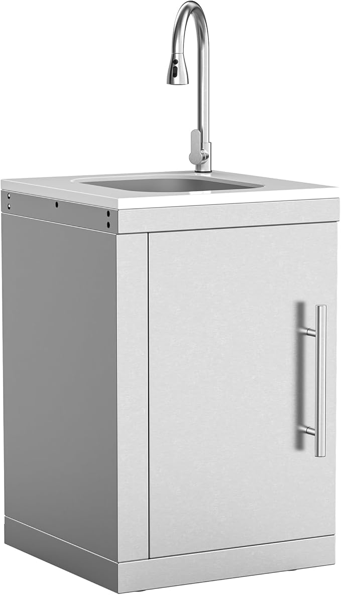 Stainless Steel Single Door Outdoor Sink Cabinet with Standard Handle, White Quartz Countertop, Pull-Down Faucet, Modular BBQ Island Prep Sink for Patio Garden - White