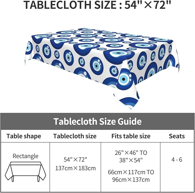 Blue Evil Eyes Tablecloth, Polyester Waterproof Table Cloth for Parties Kitchen Dining Picnic Wedding Home Decor Outdoor Indoor Rectangle 54x72 Inches
