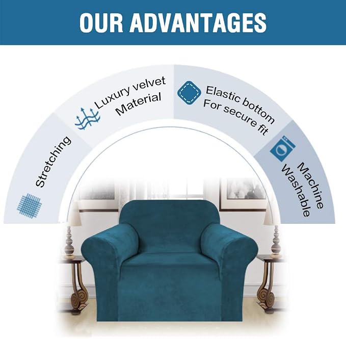 H.VERSAILTEX Stretch Velvet Armchair Cover Couch Covers 1 Cushion Chair Slipcover for Living Room Furniture Cover Crafted from Thick Comfy Rich Velour (Chair 31"-49", Deep Teal)