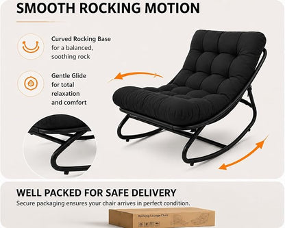 Garvee Papasan Rocking Chair, Thick Cushion, 450 lb Frame, Dark Gray | Gentle rocking motion and a roomy curved seat create a calm reading retreat for patios, balconies, bedrooms or living rooms.