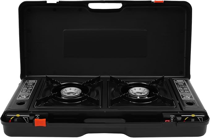 Portable Butane Camping Stove, 2 Burners Camping Stove with Non-sticking Coating Grill Tray & Storage Case, Piezoelectric Ignition Stove for Camping, Picnics, BBQ, LPG & Butane Compatibility