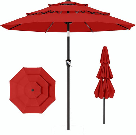 AreShark 9ft 3-Tier Patio Umbrellas, Outdoor Umbrella with 8 Sturdy Ribs UV Protection Windproof, Market Table Umbrella w/Push Button Tilt & Crank for Pool, Porch, Deck, Garden(Red)