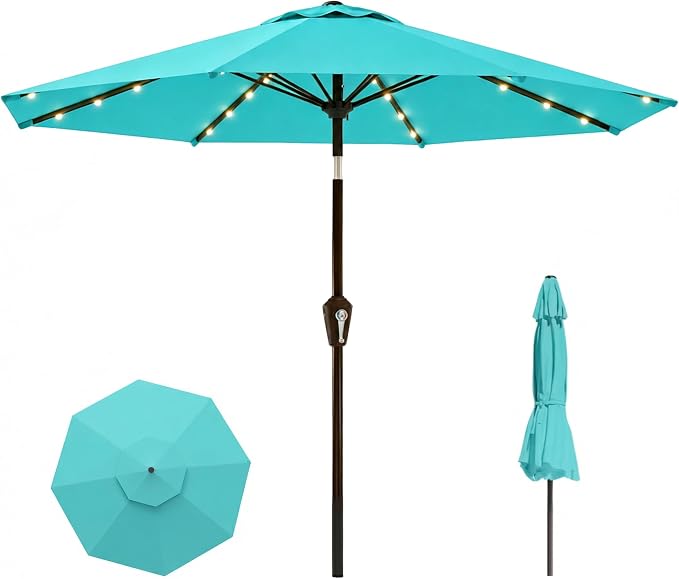 11FT Solar Lighted Patio Umbrella, Outdoor Table Market Umbrellas with Crank Lift, 32 LED Lights, 8 Sturdy Ribs, UV-Resistant for Deck, Garden, Pool