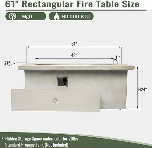 60" Propane Fire Pit Table, 60,000 BTU Concrete Rectangular Outdoor Fire Pit with Electronic Ignition, Dual Storage, Natural Gas Convertible, Weather-Resistant for Outdoor Patio, Backyard, Garden