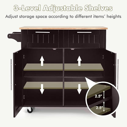 COSTWAY Kitchen Island on Wheels, Kitchen Cart with Side Towel Bar, 2 Drawers, 2 Door Cabinet, Rolling Storage Trolley Cart with Rubber Wood Top & Lockable Casters (Brown)