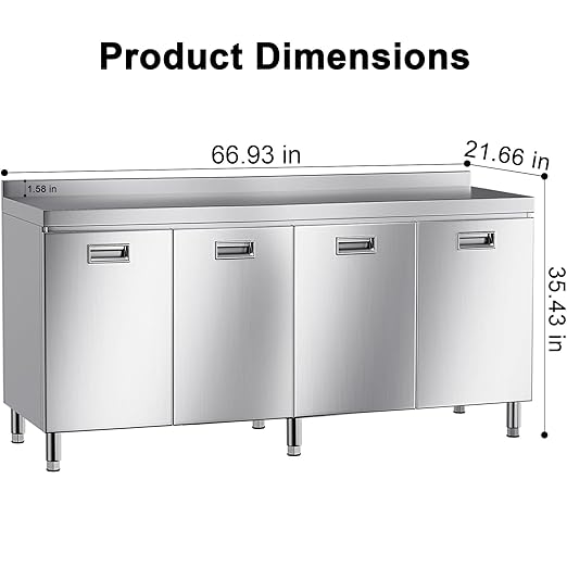 ZZV Stainless Steel Table Cabinet for Prep & Work 21 x 66 Inch, Heavy Duty Prep Table with 4 Pull-Out Doors, Commercial Workbench with Cabinet for Kitchen, Restaurant, Hotel, Garage, and Warehouse