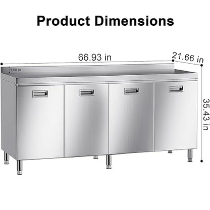 ZZV Stainless Steel Table Cabinet for Prep & Work 21 x 66 Inch, Heavy Duty Prep Table with 4 Pull-Out Doors, Commercial Workbench with Cabinet for Kitchen, Restaurant, Hotel, Garage, and Warehouse