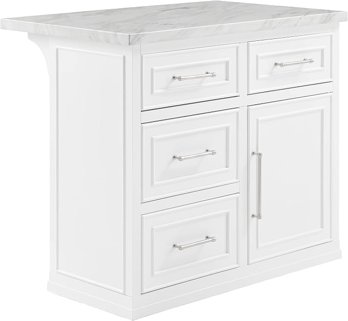 Crosley Furniture Cutler Faux Marble Top Kitchen Island with Storage, Breakfast Bar, Microwave Stand, White