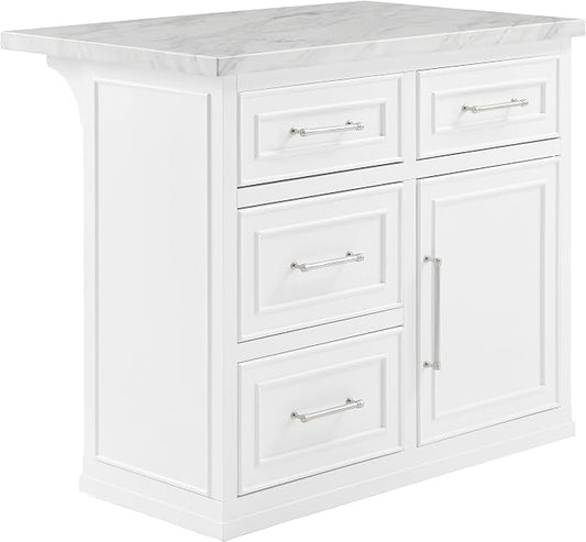 Crosley Furniture Cutler Faux Marble Top Kitchen Island with Storage, Breakfast Bar, Microwave Stand, White