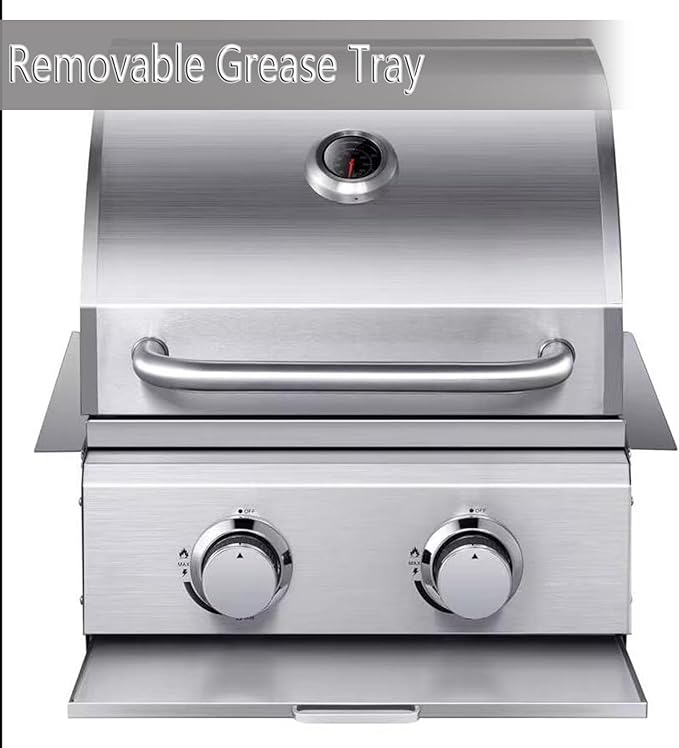 2-Burner Built in Grill, Stainless Steel Propane Grill with Drawer-Style Oil Drip Tray, 20,000 BTU for Patio Backyard Parties Barbecue
