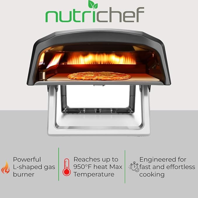 NutriChef Portable Outdoor Gas Pizza Oven - Includes Foldable Feet, Adjustable Heat Control Dial, Burner, Stone & Regulator Hose - Cooks 12" Pizza in 60 Seconds - 25.24'' x 16.14'' x 12.40'' IN