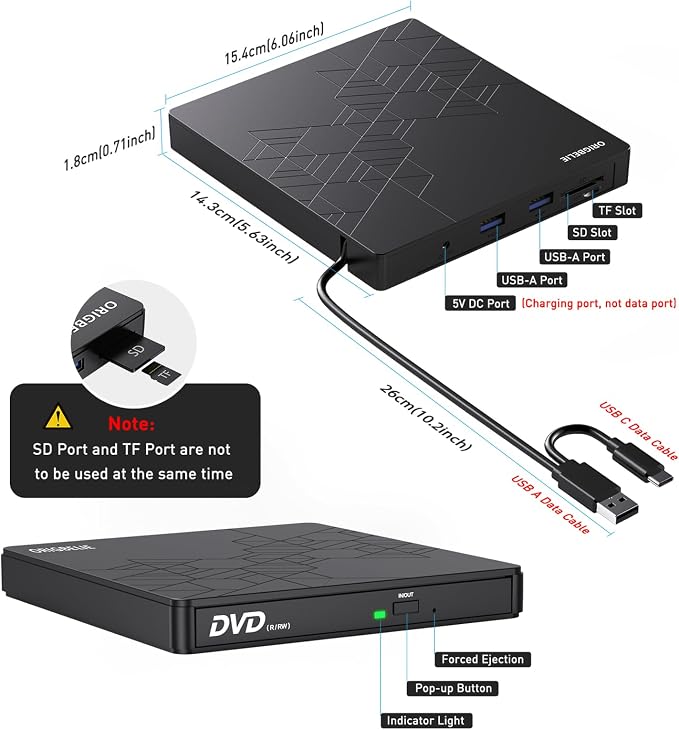 ORIGBELIE External CD DVD Drive, CD/DVD ROM +/-RW Adapter with USB Ports | USB 3.0 Type C Optical Disk Drive CD DVD Player Burner Reader Writer for Laptop PC Desktop Computer Macbook OS Windows Linux