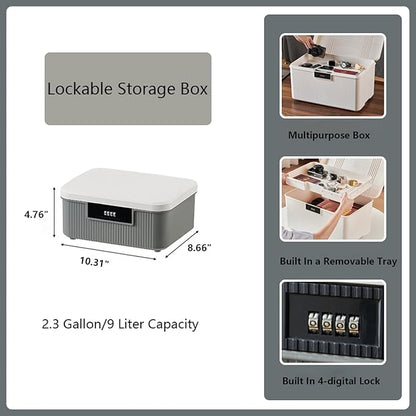 Lockable Storage Box – 2.5 Gallon Medicine Secure First Aid Organizer Box Safe w/Adjustable Lock for Home/Office/Outdoor Travel (White & Grey)