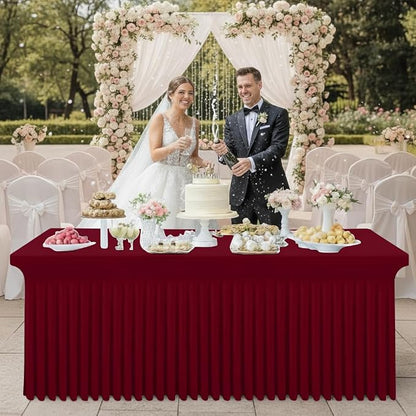 Smiry Spandex Elastic Fitted Table Cloth Skirt for 8FT Rectangle Table | Stretch Washable Table Cloth, Banquet Table Cover for Wedding, Party, Indoor & Trade Shows, (Burgundy, 96Lx30Wx30H)