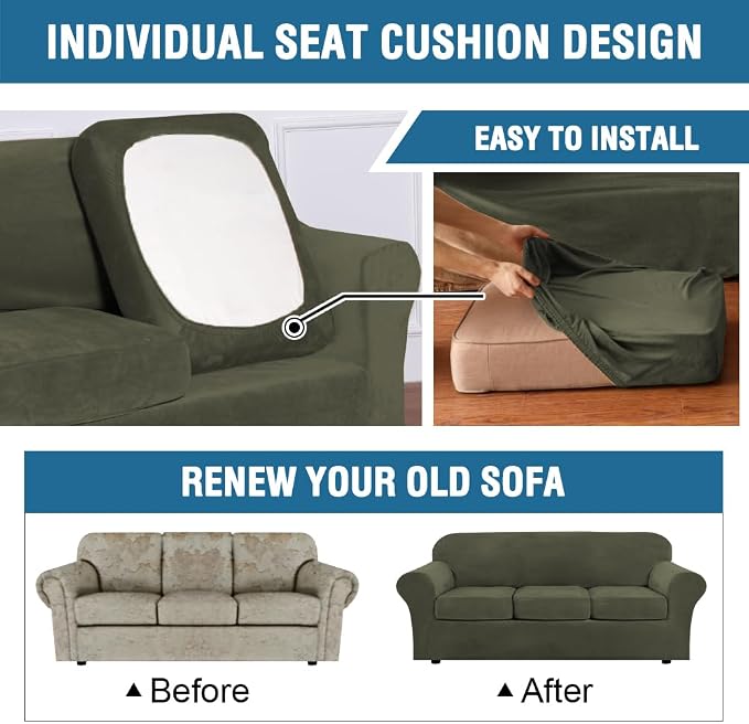 H.VERSAILTEX High Stretch Sofa Slipcover 4 Piece Cover Velvet Furniture Protector Form Fit Thick Velvet Extra Large Sofa Cover for 3 Cushion Couch Width Up to 97 Inch (Large Sofa, Olive)