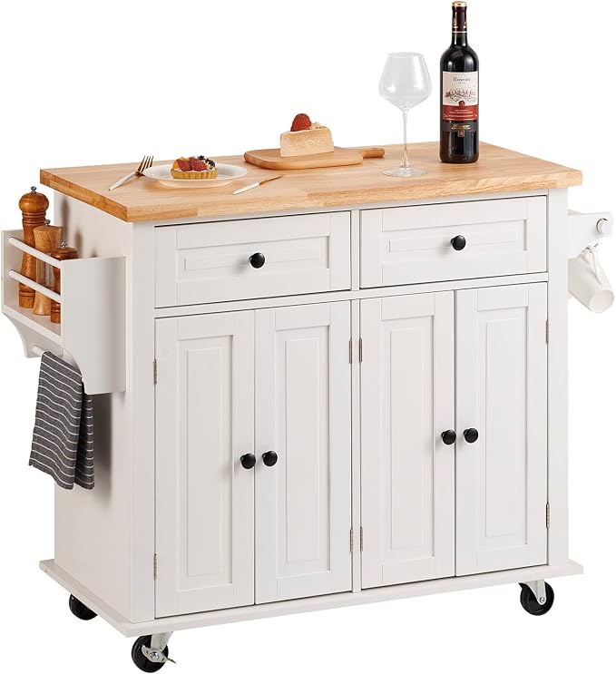 VEVOR Kitchen Island Cart with Solid Wood Top, 35.4" Width Mobile Carts with Storage Cabinet, Rolling Kitchen Table with Spice Rack, Towel Rack, and Drawer, Portable Islands on Wheels, White | Rolling Kitchen Table with Storage Cabinet, Spice Rack, Tow...