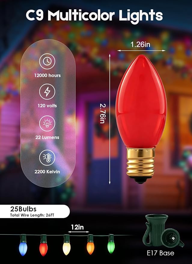 Formosa 26FT Upgraded Version C9 Christmas String Lights, Ceramic Multicolor Incandescent Bulbs, UL Listed, Ideal for Indoor Use, Xmas Tree, Holiday Party & Bedroom Decor
