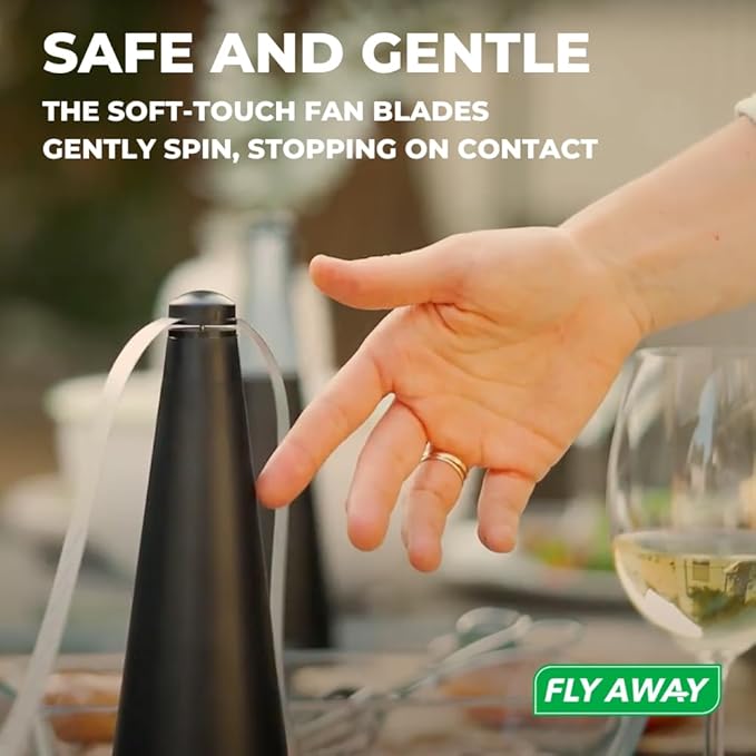 Fly Away - 2 Pack Outdoor Fly Repellent Fan, Outside or Inside Table use, Restaurant, Barbeque, Events, Deter Flies, Wasps, Bees, Other Moscas and Bugs Away, Battery Operated, Tabletop, Hanging Hook.