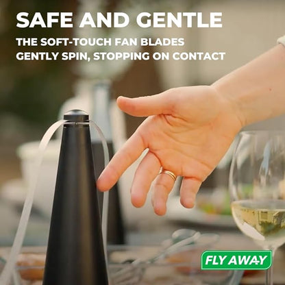 Fly Away - 2 Pack Outdoor Fly Repellent Fan, Outside or Inside Table use, Restaurant, Barbeque, Events, Deter Flies, Wasps, Bees, Other Moscas and Bugs Away, Battery Operated, Tabletop, Hanging Hook.