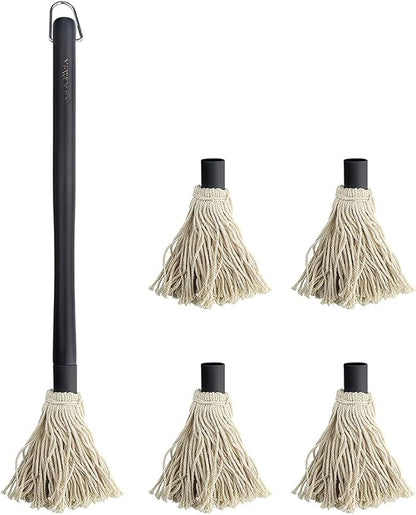Grill Basting Mop, YFWOOD 18 Inch Grill Basting Brush BBQ Mop Black Wooden Long Handle with 4 Extra Replacement Heads for Grilling Smoking Barbecue Steak