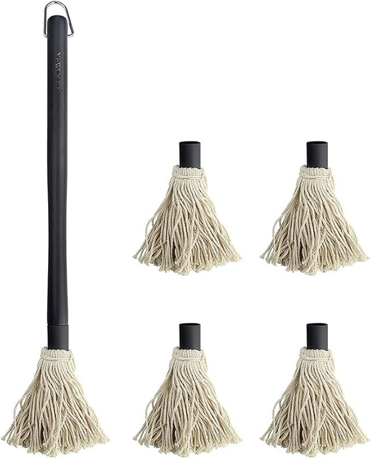 Grill Basting Mop, YFWOOD 18 Inch Grill Basting Brush BBQ Mop Black Wooden Long Handle with 4 Extra Replacement Heads for Grilling Smoking Barbecue Steak