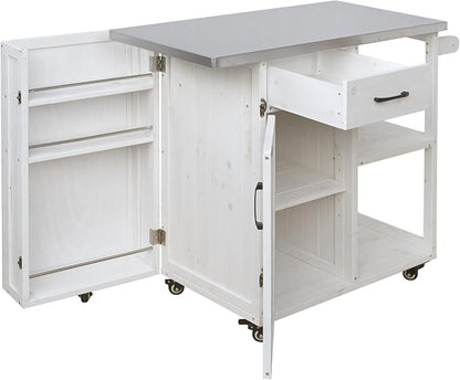 JIVOIT Outdoor Kitchen Island with Stainless Steel Worktop, Fir Wood Prep Station Lockable Kitchen Cart with Ample Storage Space, Towel and Spice Racks for Patio and Outdoor (White/122)