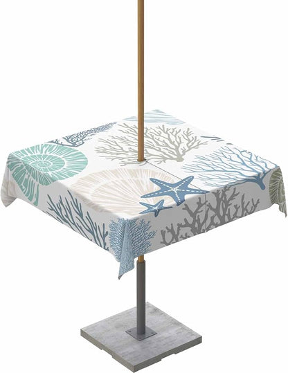 Coastal Outdoor Tablecloth - 54x54 Inch Square Dining Table Cover, Blue Teal Coral Summer Beach Ocean Starfish Waterproof Outdoor Table Cloth with Umbrella Hole & Zipper for Picnic/Patio/Party