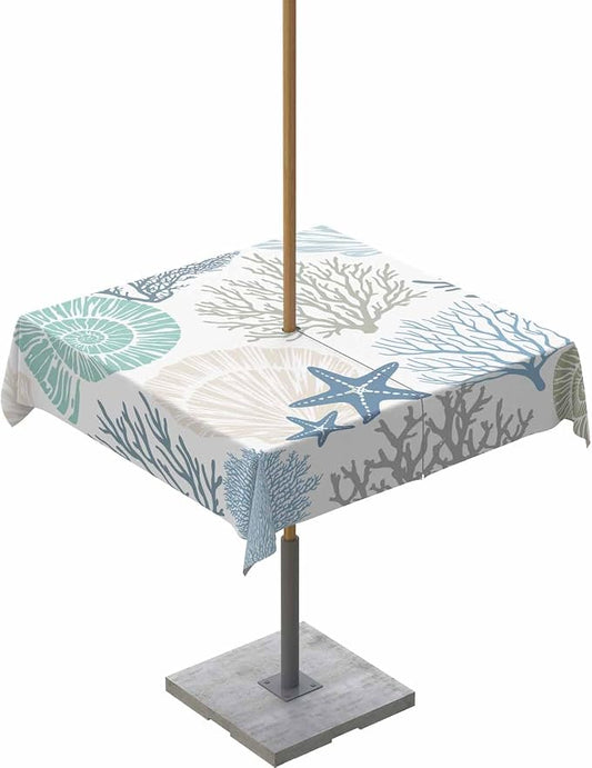 Coastal Outdoor Tablecloth - 54x54 Inch Square Dining Table Cover, Blue Teal Coral Summer Beach Ocean Starfish Waterproof Outdoor Table Cloth with Umbrella Hole & Zipper for Picnic/Patio/Party