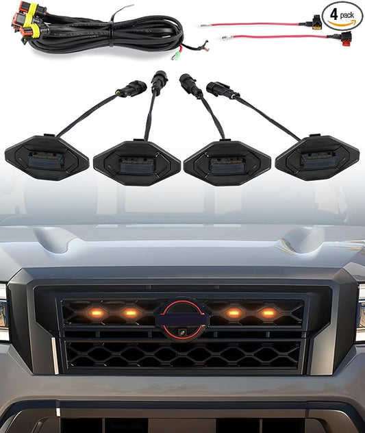 Seven Sparta LED Grill Lights Compatible with 2022-2024 Nissan Frontier S SV PRO-X PRO-4X SL Long Bed SV Hardbody Edition OEM Grille, Nissan Frontier Accessories (Black Shell with Amber Lights)
