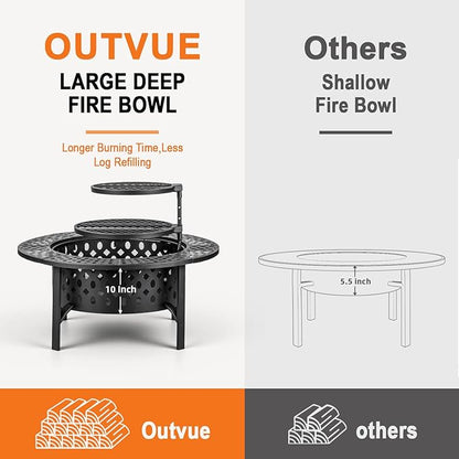 OutVue 47 Inch Fire Pit with 2 Grills, Wood Burning Fire Pits for Outside with Lid & Poker, BBQ& Outdoor Firepit & Round Metal Table 3 in 1 for Patio, Picnic, Party