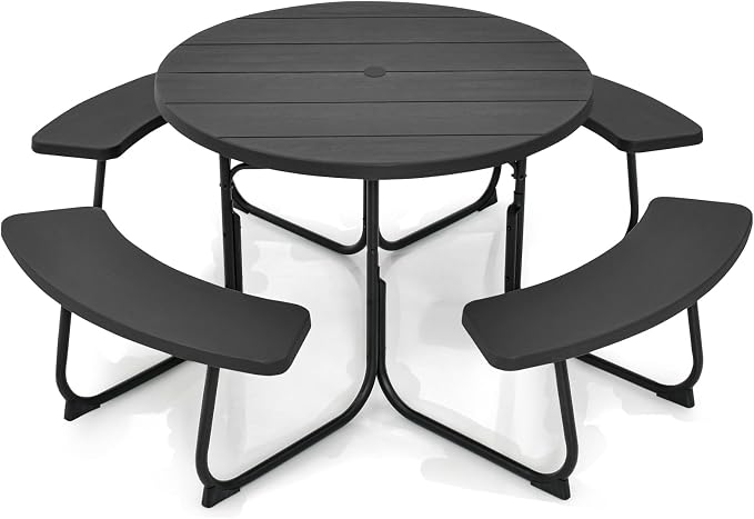 Tangkula 8 Person Picnic Table, Outdoor Round Picnic Table with 4 Built-in Benches, Umbrella Hole, Metal Frame & HDPE Tabletop, Outside Table and Bench Set for Backyard, 2300lbs Weight Capacity