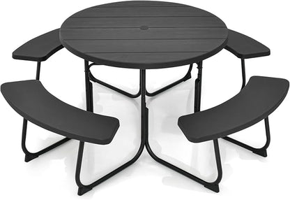 Tangkula 8 Person Picnic Table, Outdoor Round Picnic Table with 4 Built-in Benches, Umbrella Hole, Metal Frame & HDPE Tabletop, Outside Table and Bench Set for Backyard, 2300lbs Weight Capacity