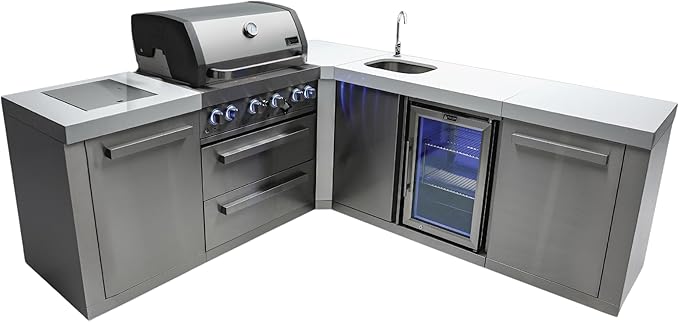 Mont Alpi Premium 82"W x 88"D L-shaped Stainless Steel Modular Outdoor Kitchen Island + Side Burner + Beverage Center Refrigerator Faucet & Sink + 32"W 4-Burner BBQ Grill + Storage Cabinets & Drawers