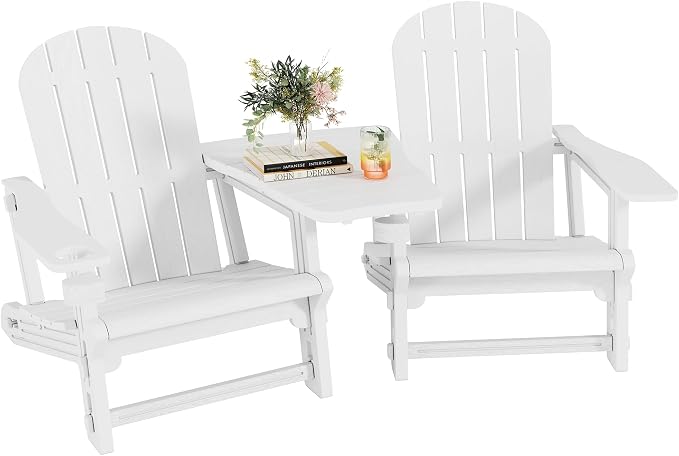 Shintenchi Adirondack Chairs Set of 2,HDPE Adirondack Chairs w/Removable Tablelop & Umbrella Hole,All-Weather Wooden Textured Plastic Outdoor Chairs w/Cup Holders for Garden Backyard Pool,White