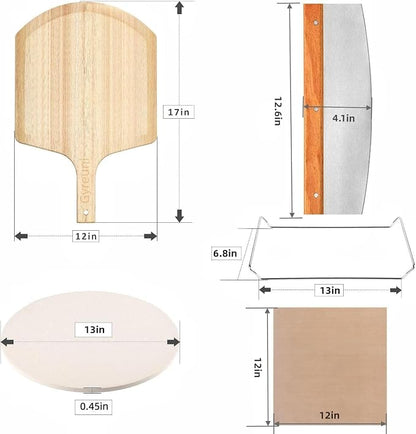 5 PCS Round Pizza Stone Set, 13" Pizza Stone for Oven and Grill with Pizza Peel(OAK),Serving Rack, Pizza Cutter & 10pcs Cooking Paper for Free, Baking Stone for Pizza, Bread | Complete baking stone set:13'' pizza stone, pizza peel, serving rack, pizza ...
