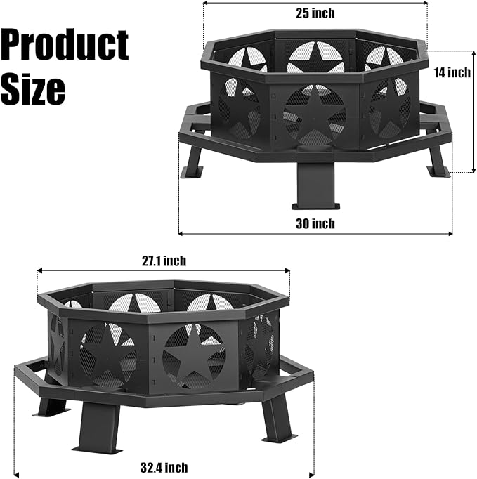 Panovue 32 inch Fire Pit for Outside, Heavy Duty Wood Burning Fire Pits with Fire Poker, Outdoor Octagonal Firepit for Camping, Yard, Patio