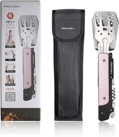 ROXON S601 14" 6 in 1 MBT3 Folding Grill Utensils Set Fork Spatula Grilling Knife Tongs Opener for Backyard Barbecue and Camping (Pink)